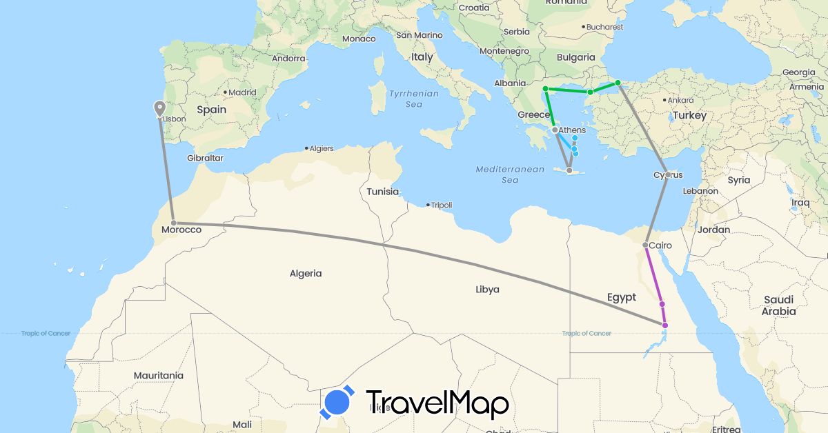TravelMap itinerary: driving, bus, plane, train, boat in Cyprus, Egypt, Greece, Morocco, Portugal, Turkey (Africa, Asia, Europe)